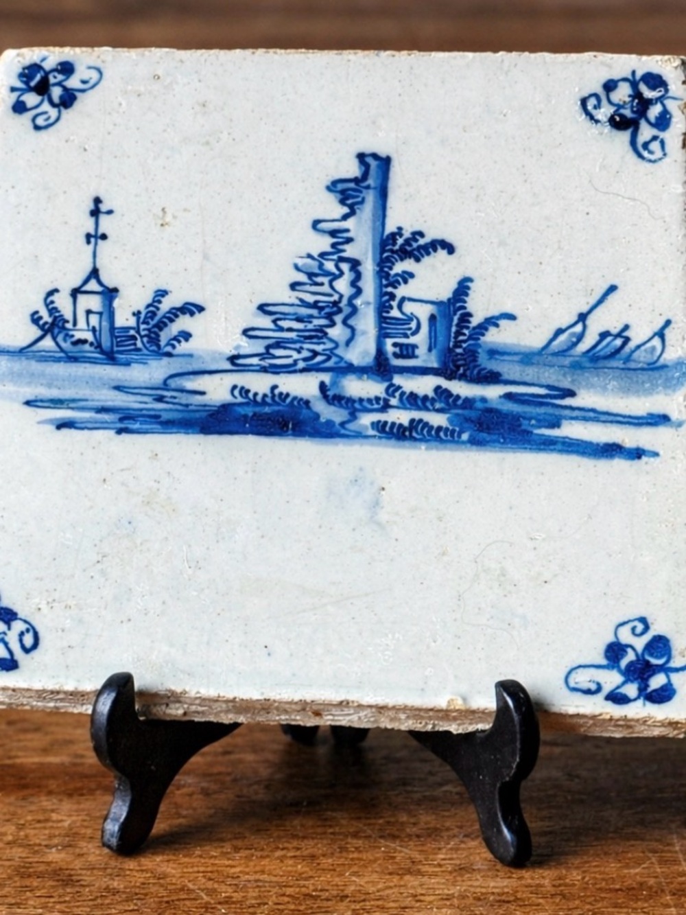 Antique Delft Tile – 17th Century Hand-Painted Dutch Landscape Earthenware